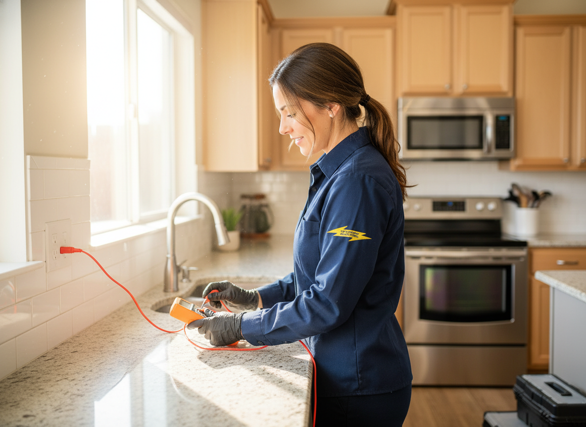Professional electrician working in a modern residential kitchen