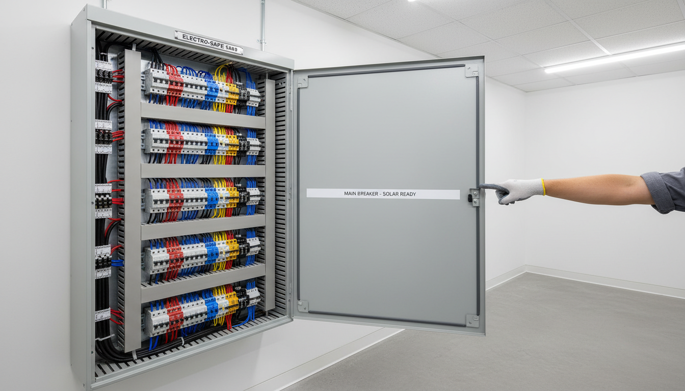 Modern electrical panel with professional technician inspecting circuit breakers