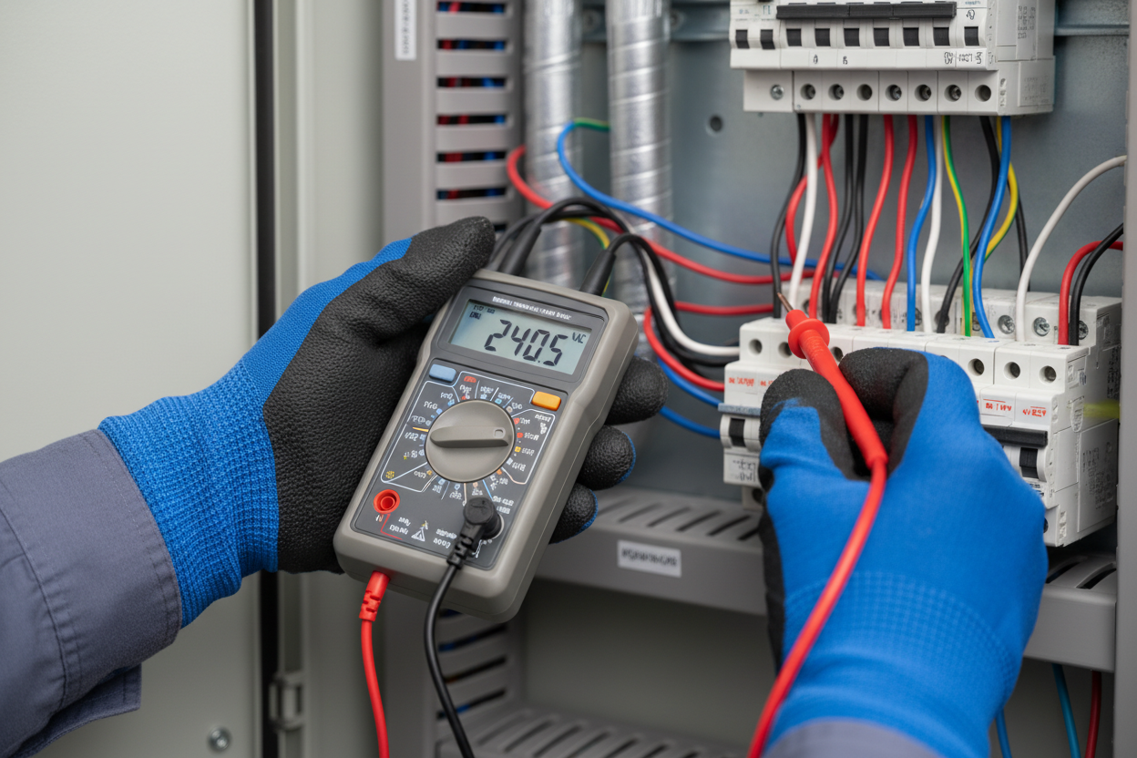 Electrician using multimeter to diagnose electrical issues